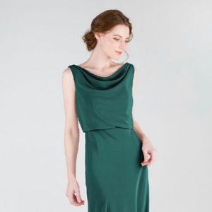 NWT Tulle and Chantilly Long Chiffon Bridesmaid Dress with Cowl Neck in Emerald